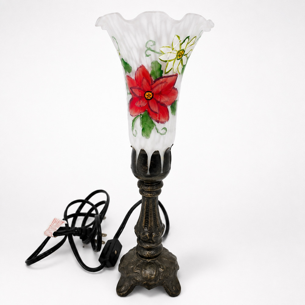 Vintage Style Frosted Glass Tulip Accent Lamp Hand Painted Red Poinsettia Floral
